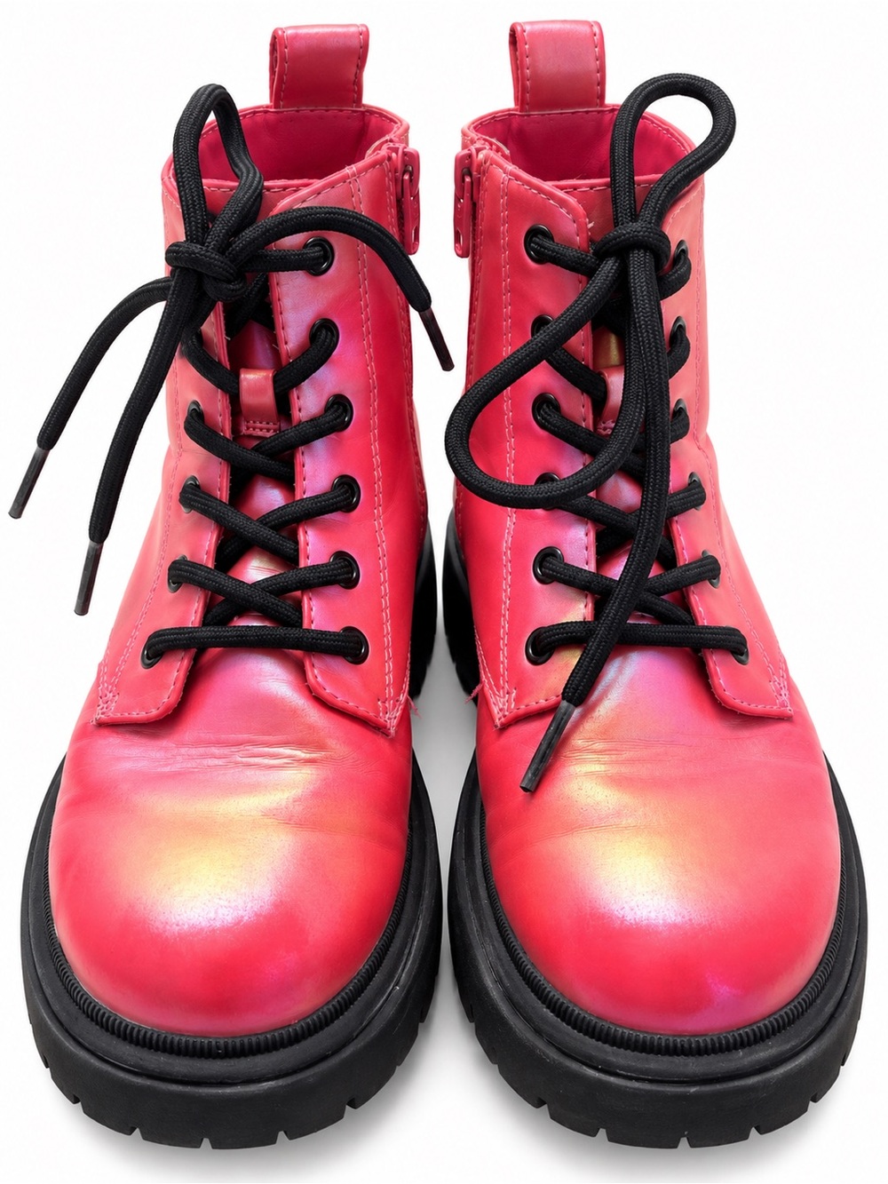 Iridescent Pink Lace-Up Platform Boots for Women